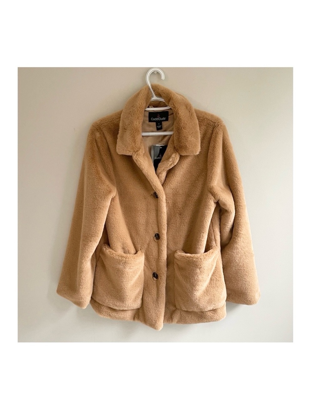 NWT BUTTERSCOTCH TAN FAUX FUR JACKET POCKETS BUTTON LINED CUDDL DUDS COLLAR